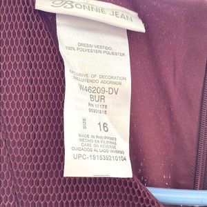 Children’s formal maroon and blue dress with lace design and ribbons